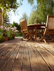 Obraz premium beautiful wooden terrace with garden furniture surrounded by greenery on a warm summer day no logos no brands ar 34