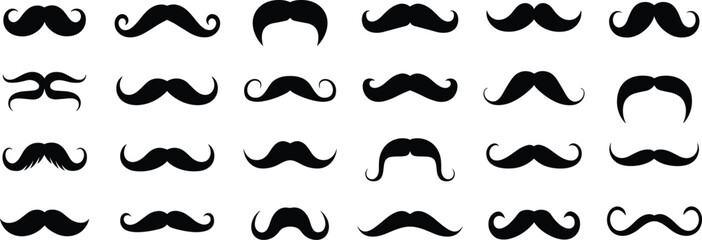 Fototapeta premium Mustache icon set, facial hair silhouette, black graphic styles, grooming design elements, vintage and modern illustration bundle