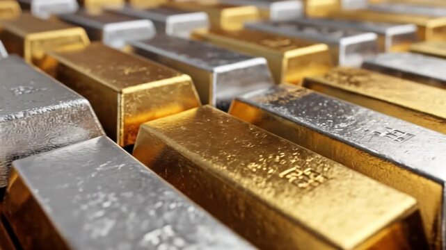 Close-up of gold and silver bars in rows, gleaming metallic blocks with reflections. Shimmer