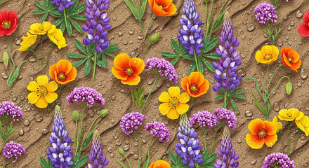Vibrant wildflower pattern with lupine and poppy flowers on earth