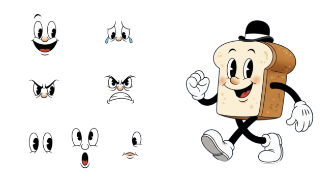 Retro cartoon expressions (happy, sad, angry, surprised, winking eyes/mouths) on white, alongside a cheerful anthropomorphic slice of bread in a bowler hat, gloves, and animation shoes, walking on a