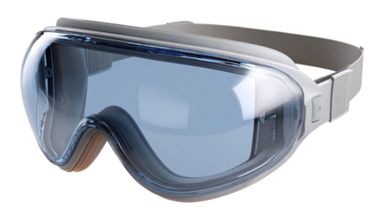 Ski goggles isolated on a white background are a protective eyewear accessory featuring dark lenses and a stylish plastic frame for sun and eye protection