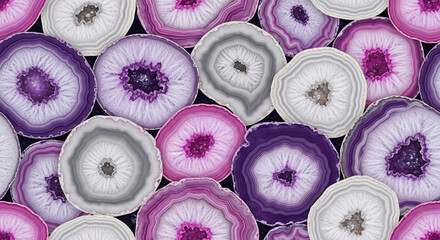 Seamless pattern of polished purple and pink agate slice mineral texture