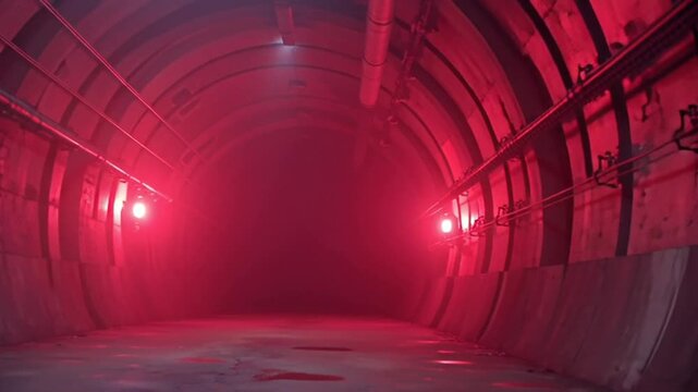 Intense red light illuminates a long, dark tunnel with industrial pipes, perfect for suspenseful thrillers and underground adventures
