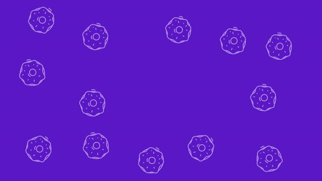 Donut pattern with floral shapes on a vibrant purple background. Perfect for bakery packaging, apparel design, and fun backgrounds.