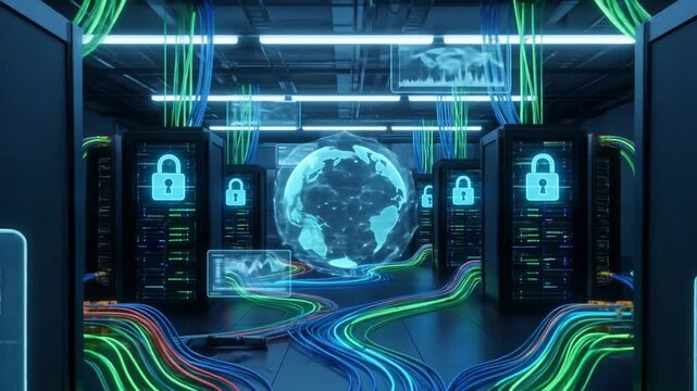 Advanced cybersecurity concept showing a holographic globe in a futuristic server room, illustrating secure global data transmission and network protection