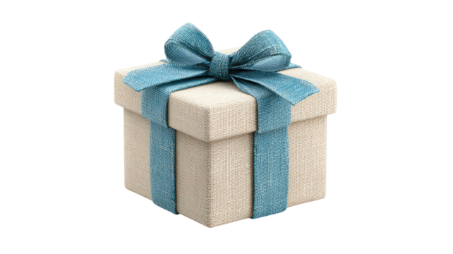 A white gift box with a blue ribbon and bow, isolated on white for a holiday present or birthday surprise