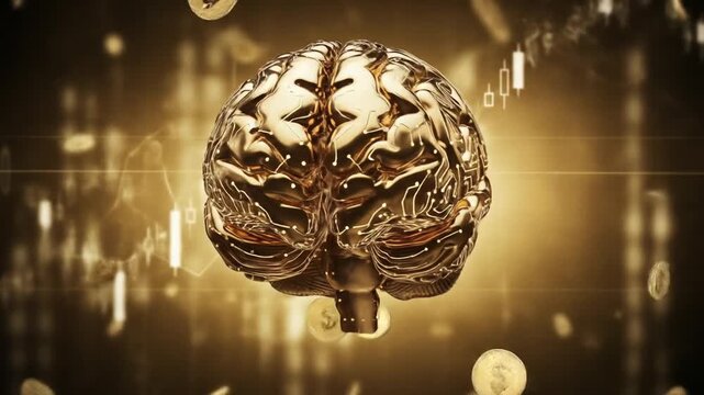 A shiny golden human brain rotates against a background of falling digital currency and abstract financial graphs symbolizing wealth and intellect - Powered by Adobe