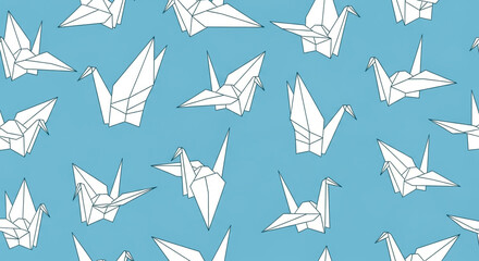 Seamless pattern of white origami paper cranes on a blue background