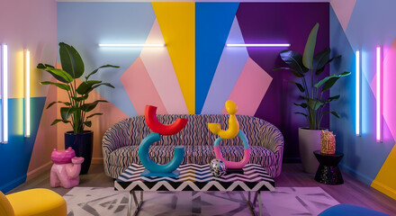 Bold colorful geometric living room interior with modern art and vibrant lighting offers a creative and imaginative space for design inspiration