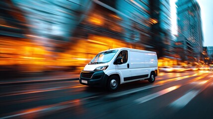 White delivery van speeding on an urban street. This type of image represents fast and reliable delivery service. City scene with motion blur and vivid colors. Commercial and transport purposes. AI