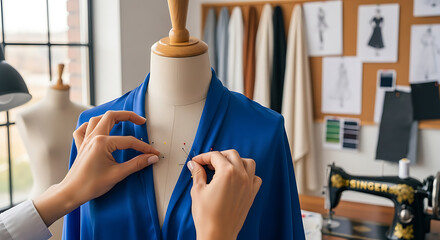 Fashion Designer Adjusting Blue Garment on Dress Form in Bright Atelier Studio