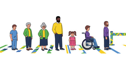 Inclusive community diverse ages and abilities enjoying accessibility in modern, vibrant style, promoting unity and equality for social awareness campaigns