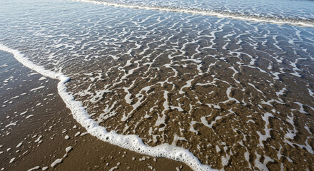 Ocean wave foam receding over wet sand at the beach shore