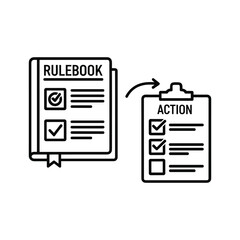 Black and white line art icon showing rules transforming into action items on a clipboard