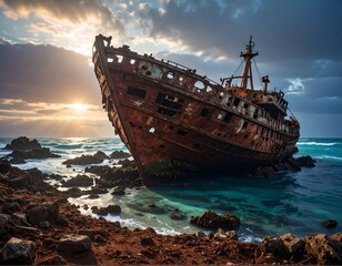A weathered, rusty shipwreck rests on rocky shore as the sun sets, casting golden rays on the sea and dramatic sky