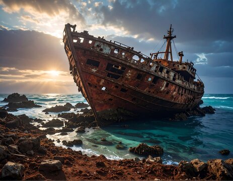 A weathered, rusty shipwreck rests on rocky shore as the sun sets, casting golden rays on the sea and dramatic sky - Powered by Adobe