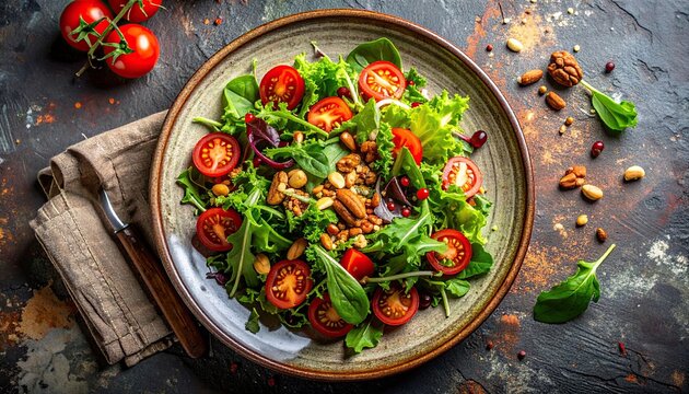 Overhead Shot of Vibrant Salad Featuring Red Cherry Tomatoes and Walnuts on Rustic Background - Powered by Adobe