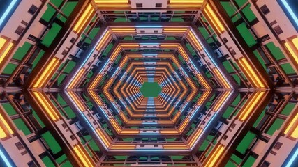 Abstract geometric tunnel with hexagonal shapes and neon lights creating a futuristic perspective - Powered by Adobe