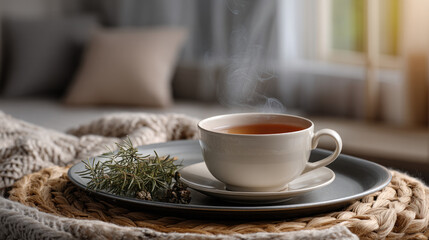 Fototapeta premium Cup of herbal tea on tray with steam rising, cozy blanket, soft sunlight, and pine branch create warm, inviting atmosphere