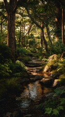 Obraz premium Serene forest stream glistening in sunlight, showcasing nature's beauty and tranquility