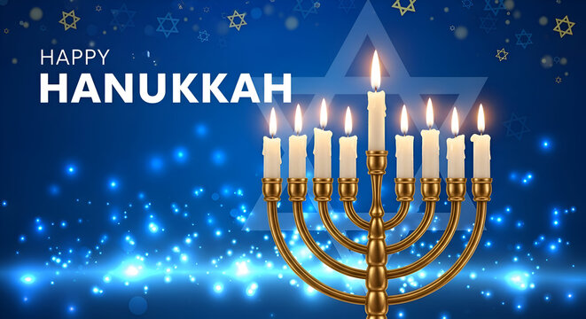 Hanukkah Happy Greeting Card Design Menorah Nine Lit Candles Star Of David Jewish Festival Of Lights Holiday Celebration Blue Background Bokeh Glow Sparkle Illustration Banner Template
