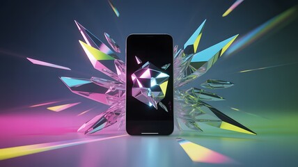 Modern smartphone exploding with colorful abstract geometric shards and light streaks against a dark background