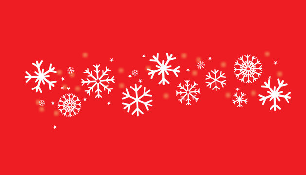 Red winter background with white snowflakes and soft glowing lights. Festive seasonal border with bright decorative holiday details.