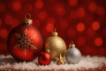 Christmas ornaments on snow background.