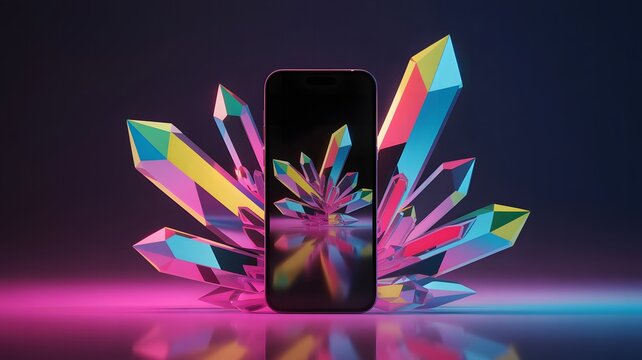 Sleek modern smartphone displaying vibrant abstract fractal art amidst colorful geometric crystal formations