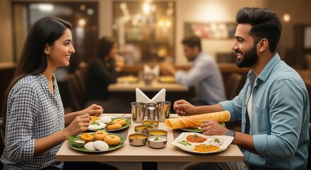 South Indian couple eating dosa and idli. Restaurant lifestyle scene.
