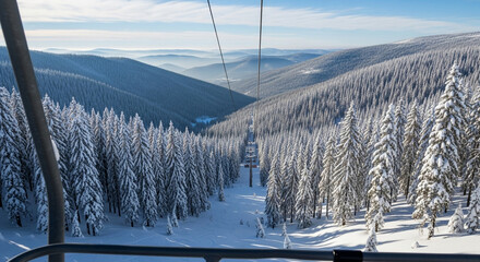 View from a ski lift over a snowy mountain slope and forest
