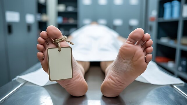 Closeup of deceased persons feet with toe tag in a morgue or examination room