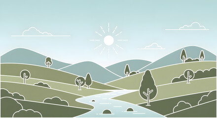 Serene landscape illustration of rolling hills, sun, and river, perfect for a nature-themed website, calming mobile app background, or eco-friendly marketing campaign
