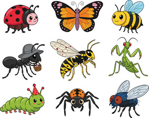 High-Quality Cartoon Insect Vector Illustration Set Featuring Ladybug, Butterfly, Bee, Ant, Wasp, Praying Mantis, Spider, Fly, and Party Caterpillar Character.