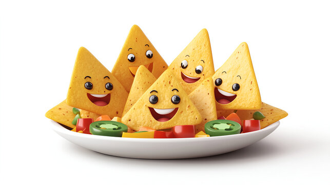 Happy cartoon nachos on a plate with toppings a fun food illustration for kids menus and healthy eating campaigns