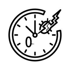Black and white line icon representing time running out or deadline approaching with lightning bolt