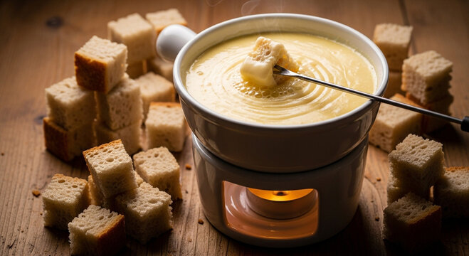 Delicious cheese fondue served warm with bread cubes for dipping