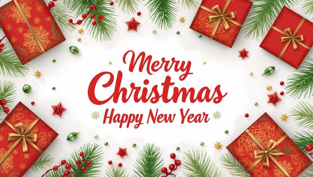 Festive christmas and new year greeting with red gifts and greenery - Powered by Adobe