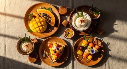 An assortment of fresh tropical fruit desserts including mango, papaya, and a fruit tart on a sunlit table.