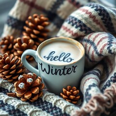 Hello Winter cozy coffee cup with pine cones and blanket for a warm seasonal scene