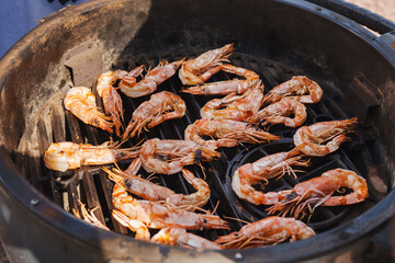 Shrimp grilling on a barbecue for outdoor cookout