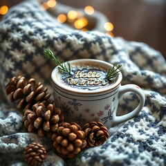 Hello Winter cozy coffee cup with pine cones and blanket for a warm seasonal scene