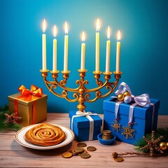 A golden menorah with lit candles sits beside blue gift boxes, a plate with a pastry, coins, and festive decor creating a warm Hanukkah mood on a blue wall