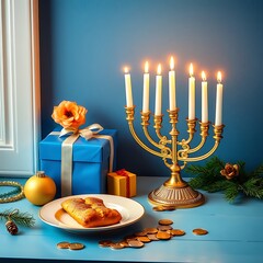 A golden menorah with lit candles sits beside blue gift boxes, a plate with a pastry, coins, and festive decor creating a warm Hanukkah mood on a blue wall