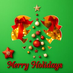 A green Christmas tree cutout opens to reveal colorful ornaments, capturing the festive mood of the season. Bright red and gold accents create a warm, cheerful greeting for the holidays