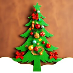 A green Christmas tree cutout opens to reveal colorful ornaments, capturing the festive mood of the season. Bright red and gold accents create a warm, cheerful greeting for the holidays