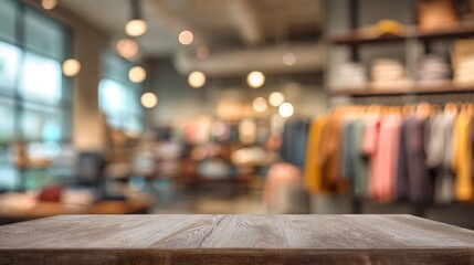 Clothing store interior with empty table. Blurred background. High quality