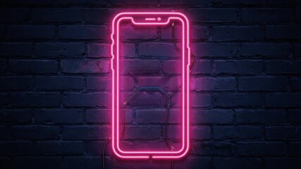 Neon smartphone sign with email icon notification glowing on dark brick wall