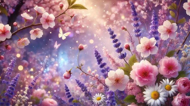 video of soft pink cherry blossom with lavender daisies and wild flowers blooming in a magical spring scene
